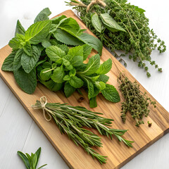 A collection of fresh herbs mint basil oregano thyme