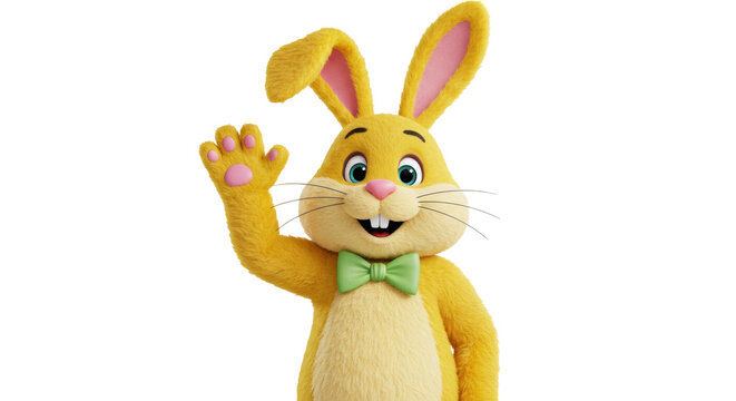 Adorable yellow Easter bunny waving isolated PNG, cartoon rabbit with green bow tie on transparent background for holiday design