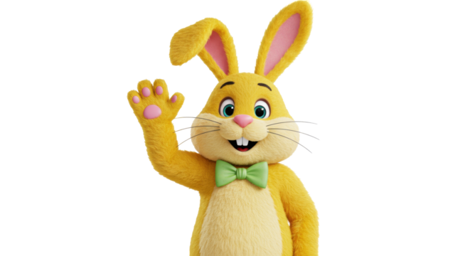 Adorable yellow Easter bunny waving isolated PNG, cartoon rabbit with green bow tie on transparent background for holiday design