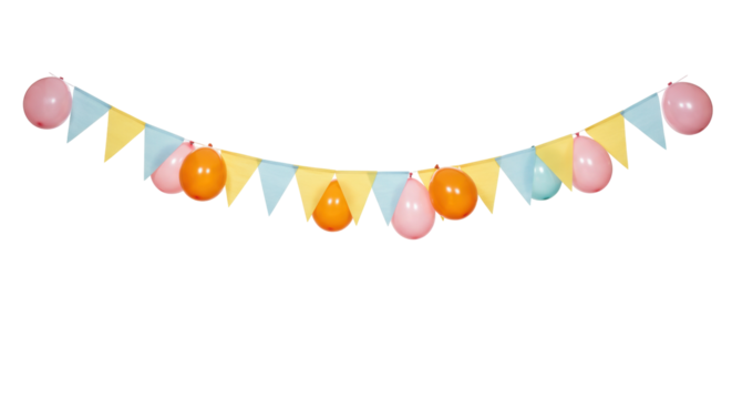 Festive party banner with colorful balloons and pennants isolated, decoration for birthday celebration in PNG format