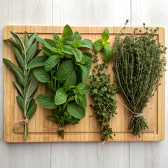 A collection of fresh herbs mint basil oregano thyme