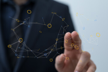 Abstract image of a businessman interacting with a digital network, ideal for technology, connection, and global business concepts.