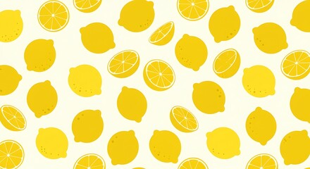 Vibrant lemon pattern design with sliced fruit arrangement on white background