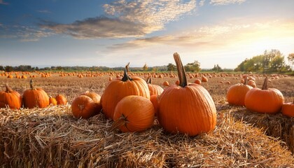 Orange Pumpkins In A Field Of Straw
