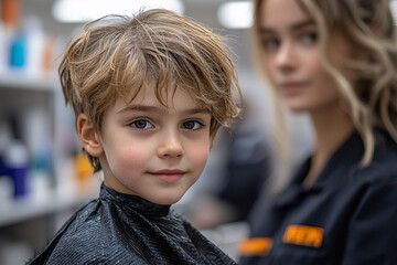 A young boy with charming features sits in a salon, draped in a haircut cape. A stylist is slightly blurred in the background, creating a warm atmosphere.
