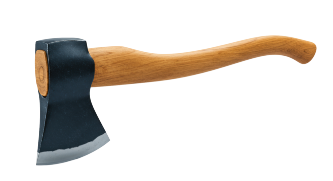 Hand forged axe with wooden handle isolated on transparent background, camping tool for forestry and outdoor activities