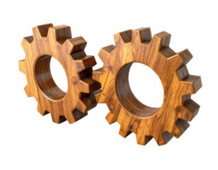 Two interlocking wooden gears on a black background, 3D-rendered close-up