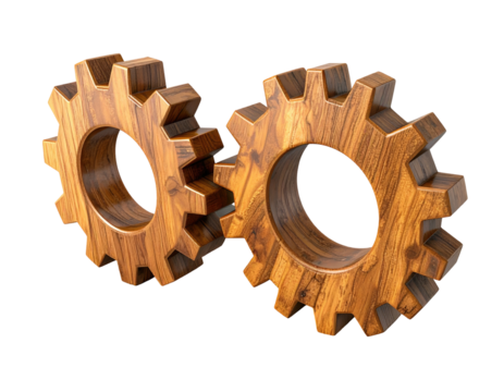 Two interlocking wooden gears on a black background, 3D-rendered close-up