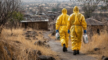 Two individuals in yellow protective suits walk down a path in a village
