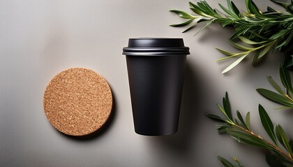 Black Disposable Coffee Cup Cork Coaster And Greenery