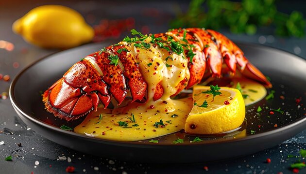 A delicious lobster tail, perfectly seared and drizzled with a rich, creamy sauce, is garnished with fresh parsley and a vibrant lemon wedge.