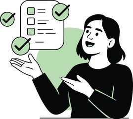 Vector art of a woman is presenting a checklist with checkmarks, she is wearing a black shirt and has black hair