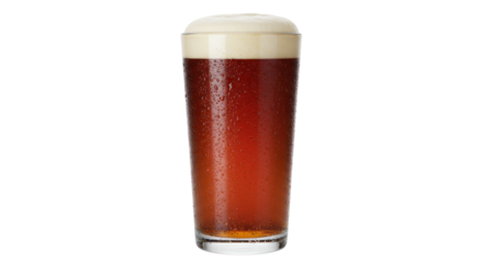 Refreshing amber ale in a tall glass isolated, cold beer with foam head and condensation for summer refreshment