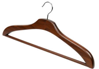 Elegant wooden coat hanger isolated on transparent background, clothing storage solution for wardrobe organization