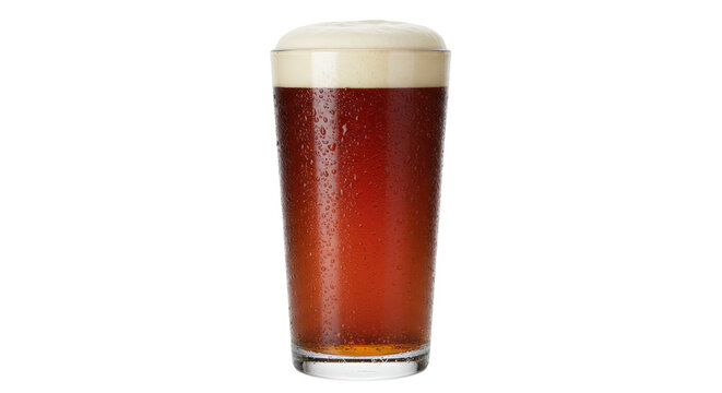 Refreshing amber ale in a tall glass isolated, cold beer with foam head and condensation for summer refreshment