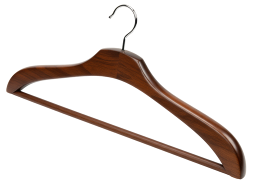 Elegant wooden coat hanger isolated on transparent background, clothing storage solution for wardrobe organization