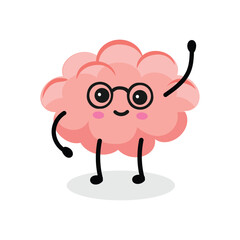 Brain character. Cute cartoon pink human brain with hands, feet and smiling funny face