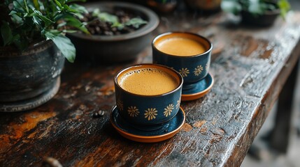 Two warm coffee cups on a rustic wooden table, with plants in the background
