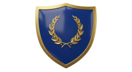 Golden laurel wreath on blue shield isolated PNG, heraldic emblem for award and achievement design, no background