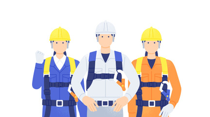 高所作業の安全対策。フルハーネス型墜落制止用器具を正しく装着する作業員のイラスト。