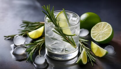 Gin And Tonic Cocktail With Lime Rosemary And Ice