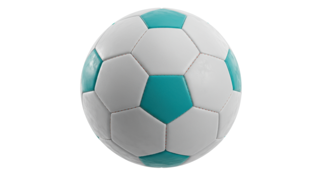 Classic soccer ball PNG isolated on transparent background, white and turquoise football with pentagon pattern for sports and recreation