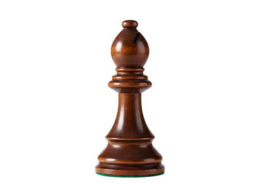 Elegant dark brown bishop chess piece isolated, wooden game piece for strategy and intellectual pursuits on a clean backdrop
