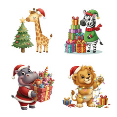 Fototapeta premium Adorable Christmas Animals Collection: Giraffe, Zebra, Hippo, and Lion with Festive Decorations