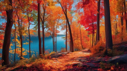 Photo-realistic photograph of a vividly colorful autumn forest in bright, warm tones trees in rich shades of red, orange, and yellow, with vibrant fallen leaves covering the ground