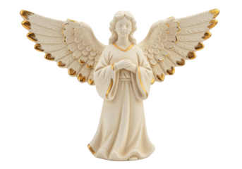 Angel figurine isolated on transparent background, religious sculpture with wings and golden details for Christmas and spiritual themes
