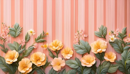 Vertical Peach Stripes Adorned With Delicate Yellow Primroses And Cascading Green Foliage The Design Blends Soft Colors With Natural Elegance Ideal For Wallpapers