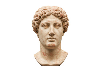 Marble head of Antinous isolated on transparent background, ancient Roman sculpture of emperor Hadrian s lover in classical style