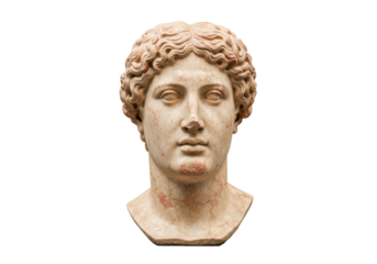 Marble head of Antinous isolated on transparent background, ancient Roman sculpture of emperor Hadrian s lover in classical style
