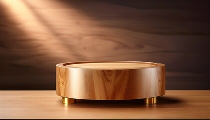 A Cylindrical Display Stand Crafted From Light Brown Wood Is Highlighted With Warm Golden Accents
