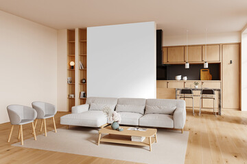 Modern scandinavian living room with sofa, coffee table, and kitchen view isolated PNG with transparent background
