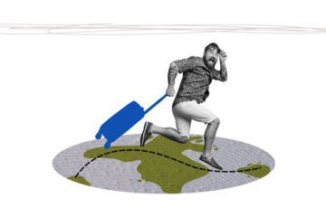 Composite photo collage of excited happy man run route globe summer adventure travel carry suitcase relax isolated on painted background