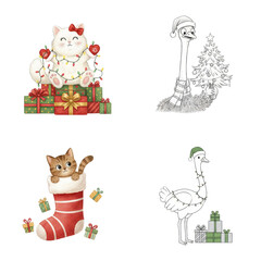 Fototapeta premium Charming Christmas Animals Illustration Set with Cats, Ostriches, and Geese