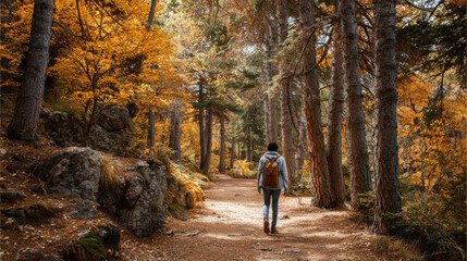 Obraz premium Person walking on a path through a golden autumn forest. A person walks along a path in a forest during autumn. The trees are filled with golden leaves, creating a beautiful, cozy scene.