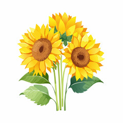 A watercolor artwork of sunflower bouquet with bright yellow petals and green stems isolated on a pure white background.