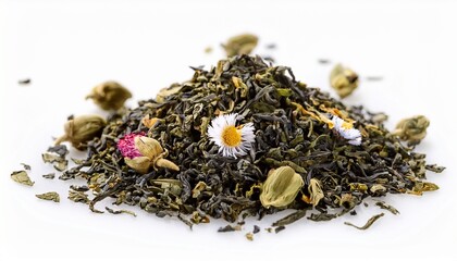 Green Tea With Dry Flowers On White Background Close Up