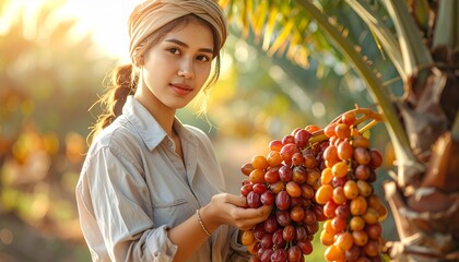 Realistic Farmer Harvesting Date Palm Fruits in Orchard
