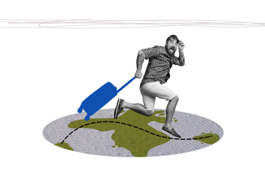 Composite photo collage of excited happy man run route globe summer adventure travel carry suitcase relax isolated on painted background