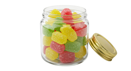 Colorful fruit jelly candies in glass jar isolated, sweet gummy treats assortment for kids party and confectionery concept