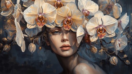Painting of girl with orchids in dark tones © Artworld