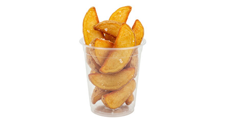 Golden potato wedges in a clear cup isolated, crispy seasoned potato snack for fast food menus PNG