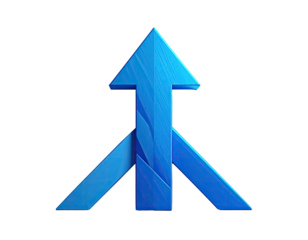 A stylized blue arrow pointing upward from angled supporting lines, black background