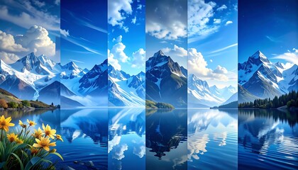 Mountain lake panorama showing various time of day