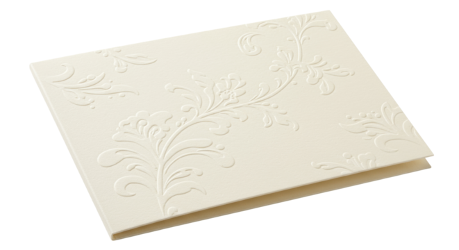 Elegant ivory invitation card with floral embossed design isolated, blank stationery for wedding announcements and special occasions