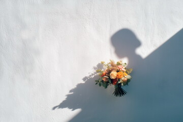 Bride's shadow with a real bouquet of flowers.
