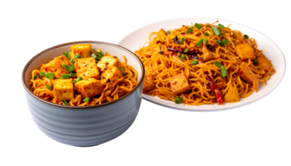 Dual Variation Schezwan Hakka Noodles with Paneer Collection, Isolated on Transparent Background.